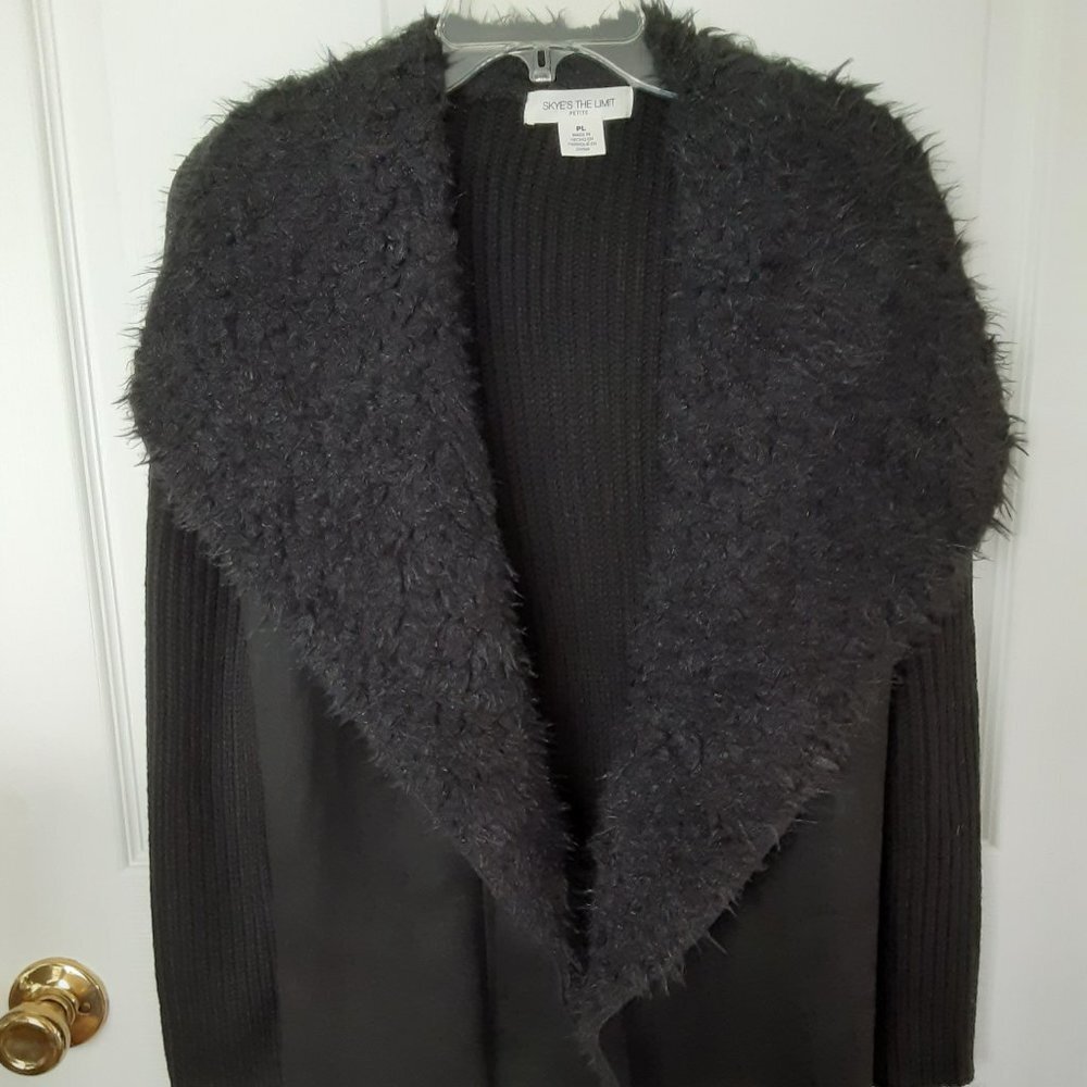 Skye's The Limit Large Petite Black Sweater Jacket w/Fur Neckline & Lapels